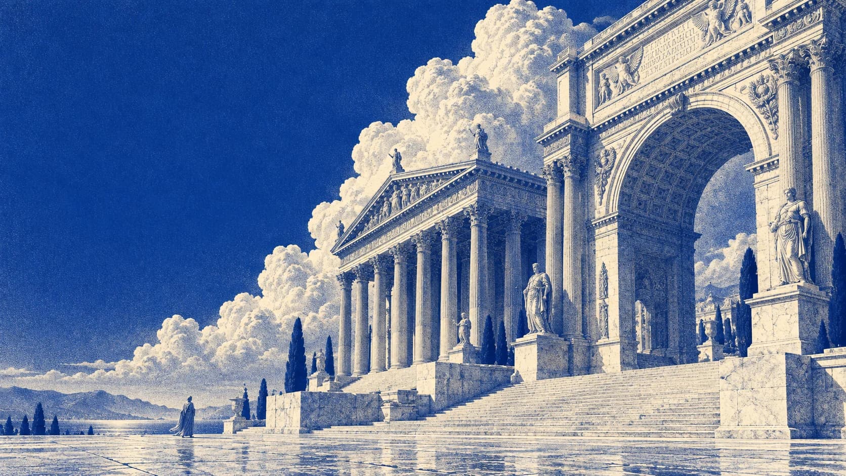 Engraved cobalt-and-ivory scene: a robed figure stands on a stone plaza before a Roman temple and triumphal arch, with clouds rising behind.